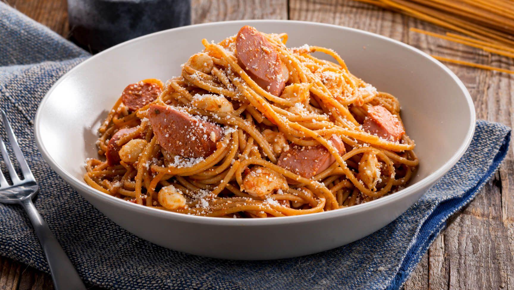 Spaghetti with Turkey Franks & Cheese