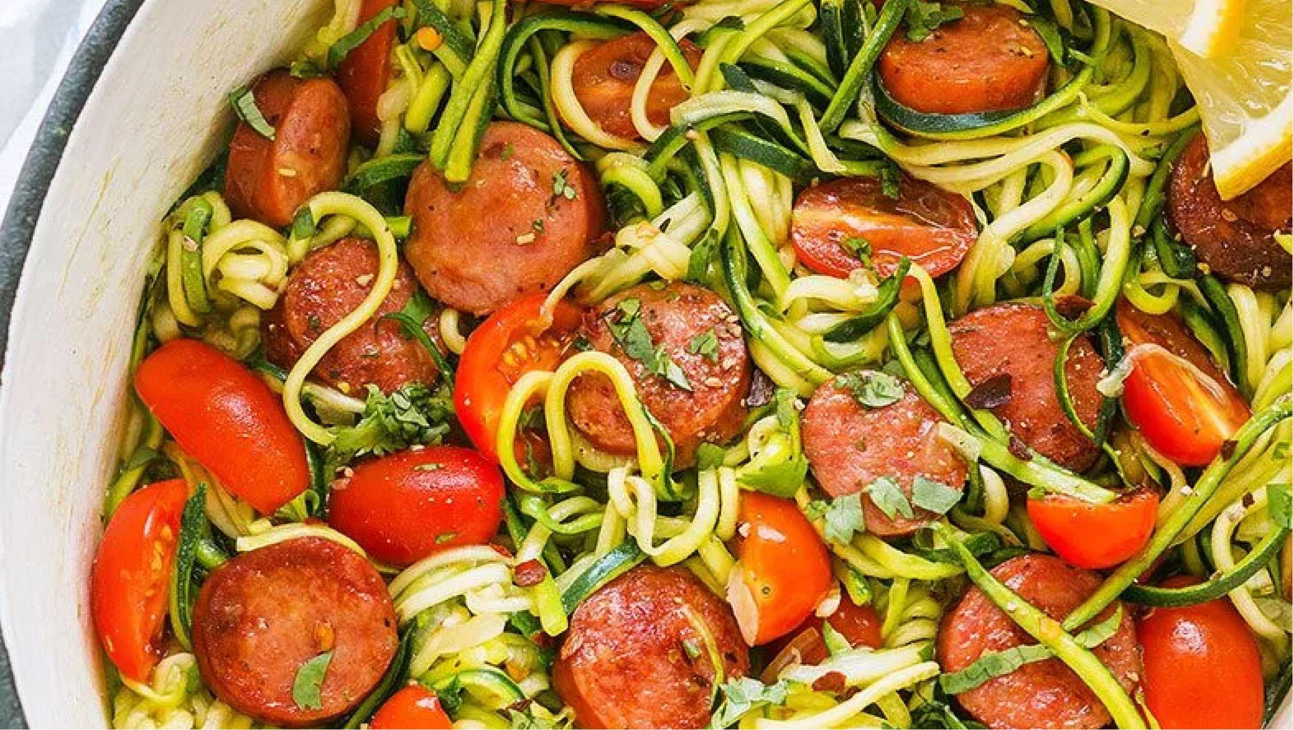 Spicy Zucchini Noodles with Turkey Franks, Cheese & Tomatoes