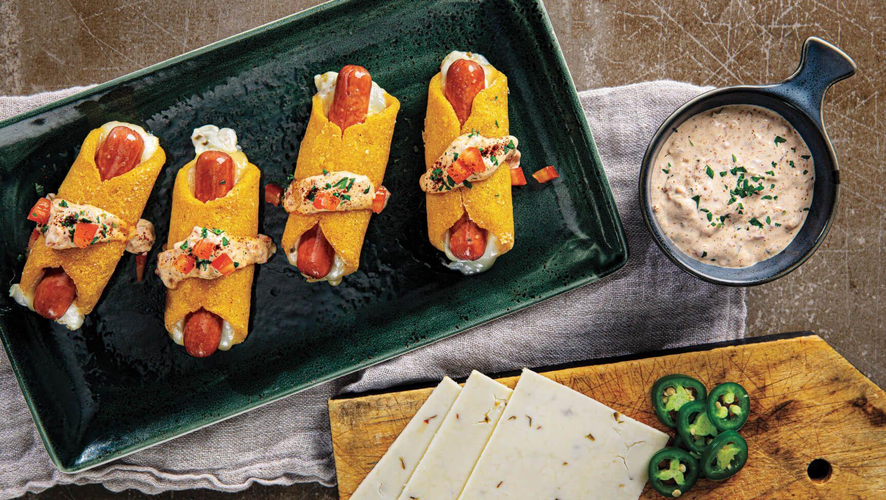 Arepa-Wrapped Turkey Franks with Creamy Salsa 