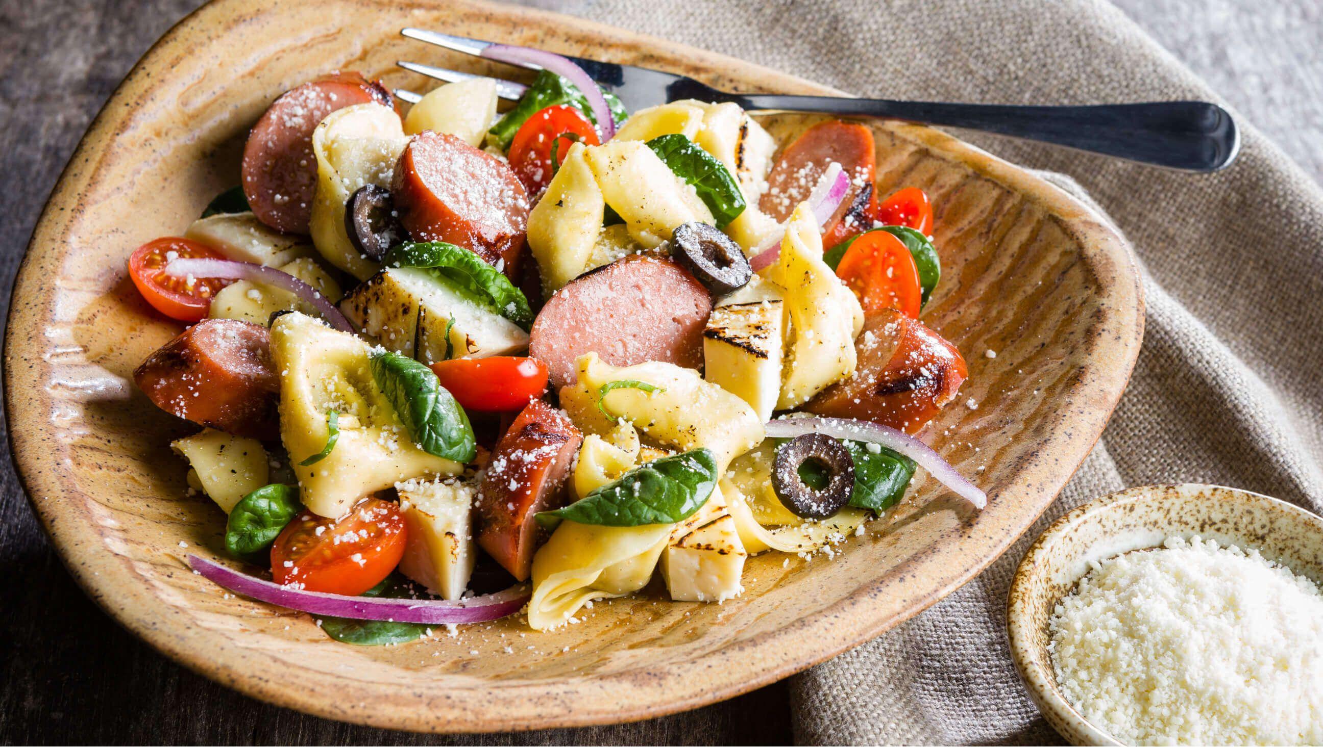 Grilled Sausage & Queso Panela Tortellini Salad with Tomatoes